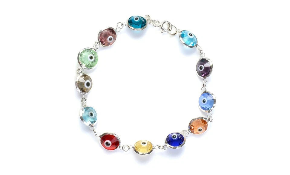 Solid 925 Sterling Silver Multi-Color Crystal Evil Eye Bracelet 10mm 7.5" Protection Charm Bracelet