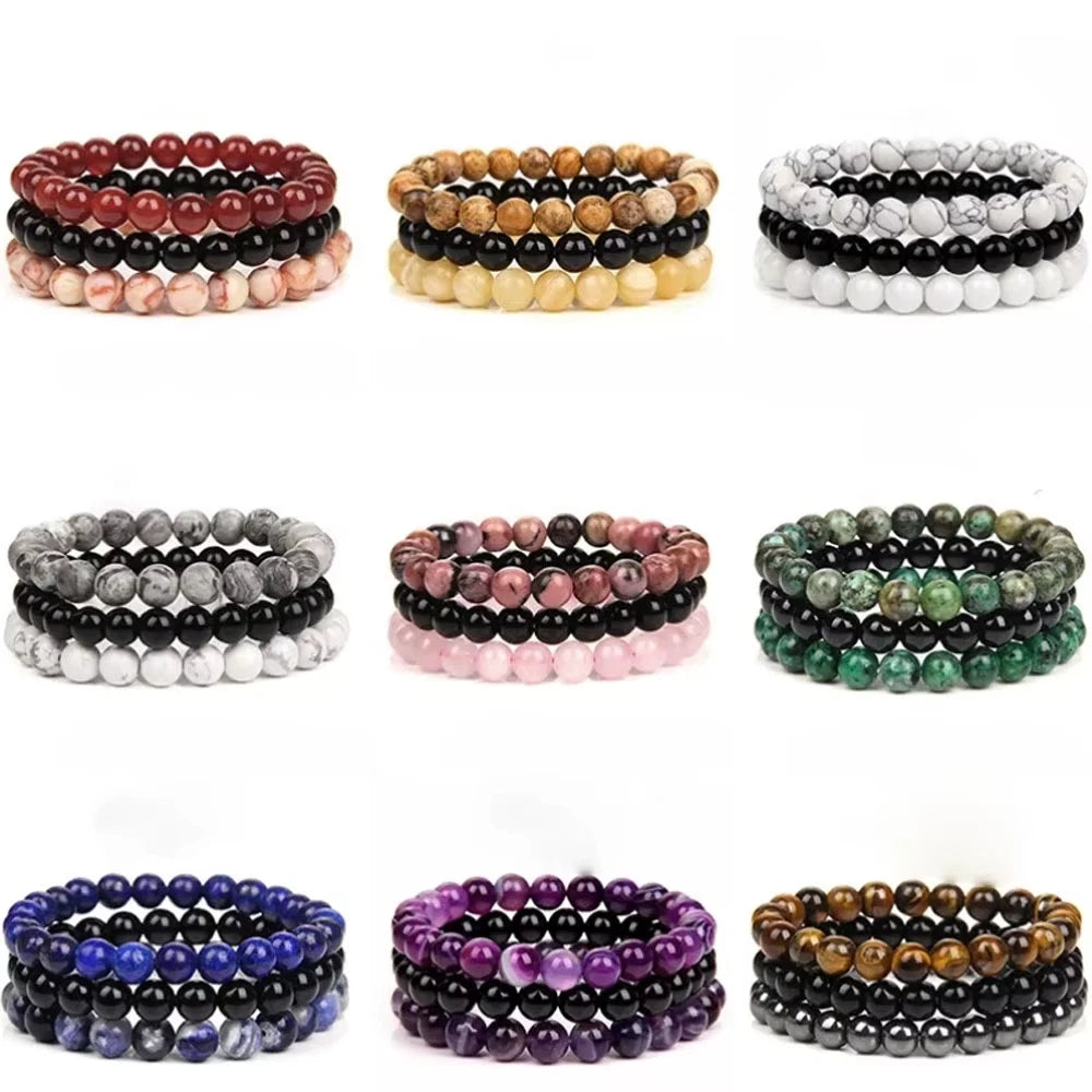 3PCS Energy Healing Bracelet Set Hematite Tiger Eye Beaded Stretch Bracelet for Men Women