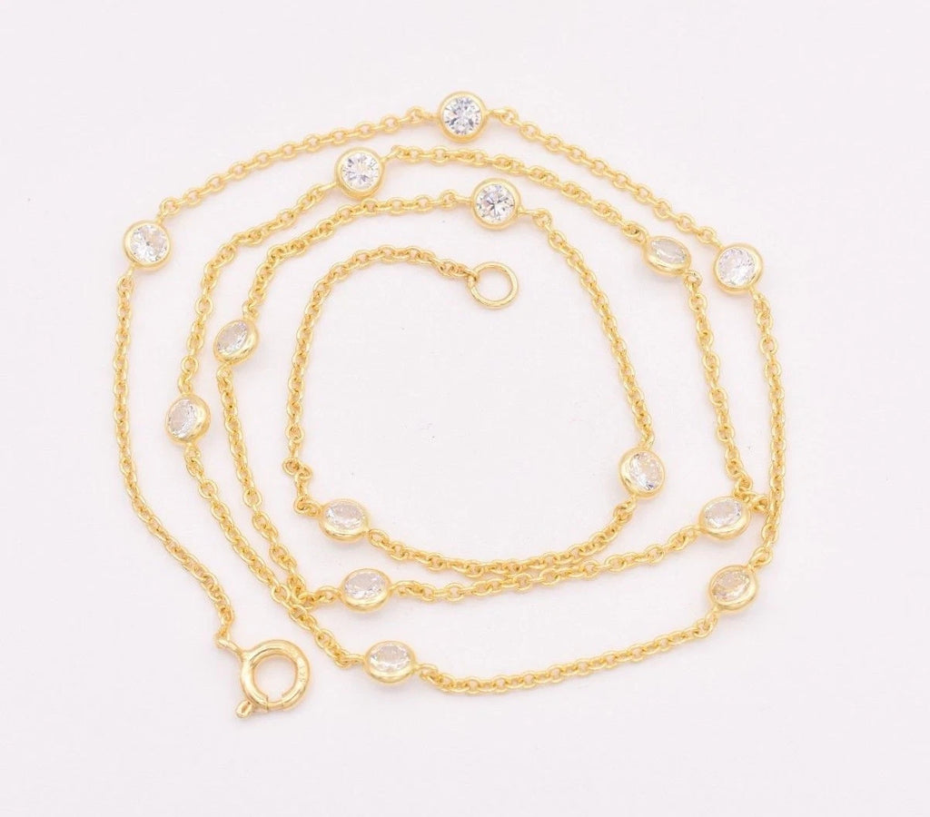Bezet Bezel CZ by the Yard Necklace 14K Yellow Gold-Plated Silver Cable Chain Necklace for Women