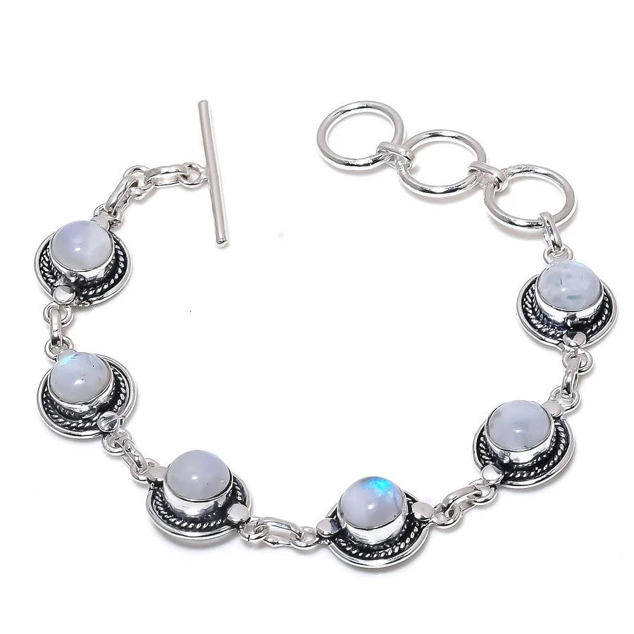 Rainbow Moonstone Gemstone Bracelet – Handmade 925 Sterling Silver Jewelry for Women Size 7-8"